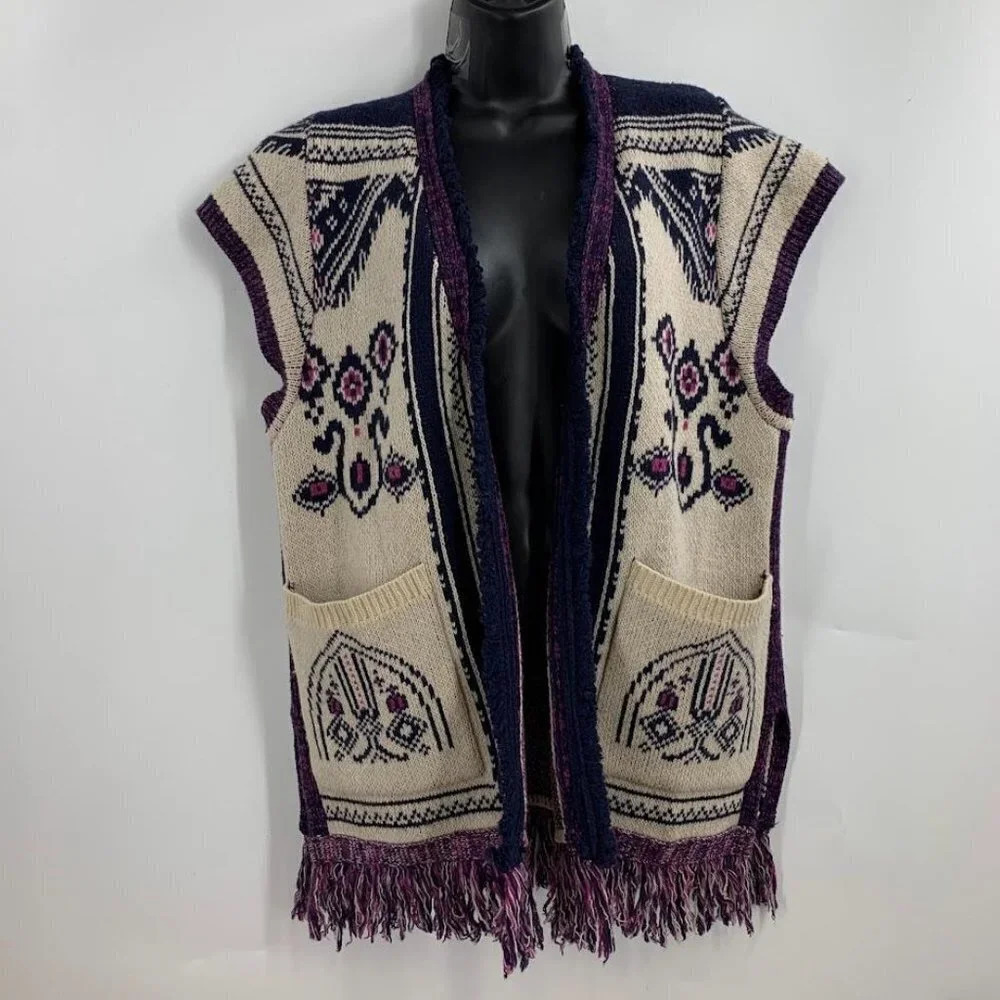 Anthropologie Angel of the‎ North Women's Cream Knit Purple Fringe Vest Size S